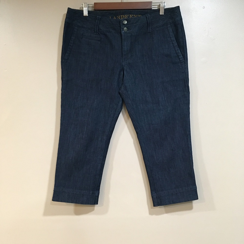 Lands End Denim Capri Pants Women 12P Dark Wash Blue Jeans Classic Casual Preppy